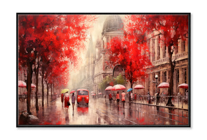 Street View Of Budapest, People Under A Red Umbrella & Tree, Night & Moon Oil Painting Wall Art Limited Edition High Quality Print Canvas Box Framed Black