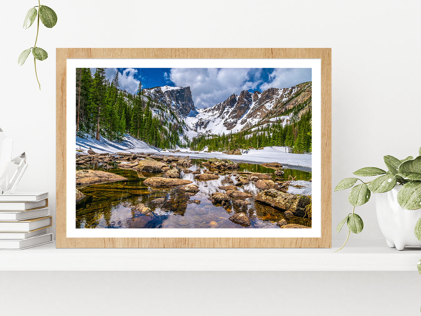 Hike To Dream Lake In Mountain Glass Framed Wall Art, Ready to Hang Quality Print With White Border Oak