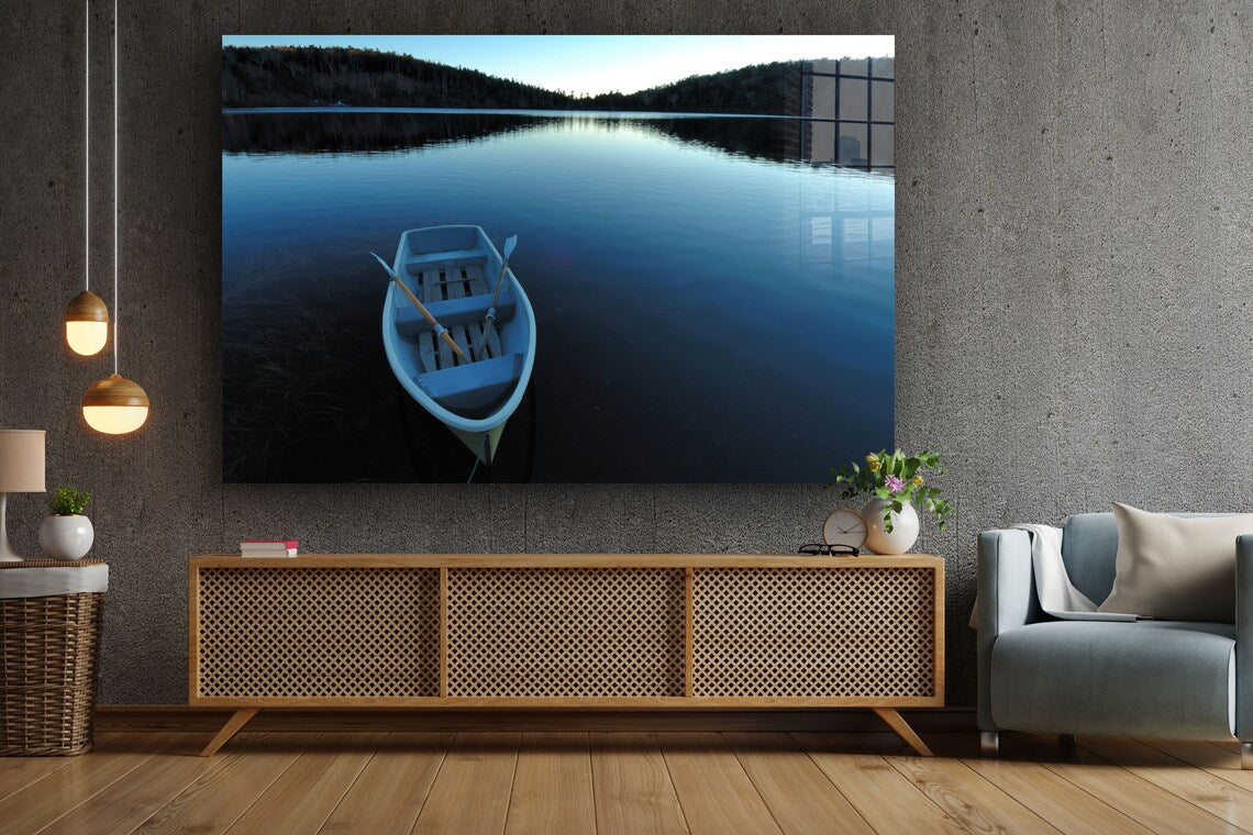 Boat on Calm Lake View UV Direct Aluminum Print Australian Made Quality