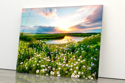 Summer Spring Natural With Lake & Wildflowers at Sunset Acrylic Glass Print Tempered Glass Wall Art 100% Made in Australia Ready to Hang