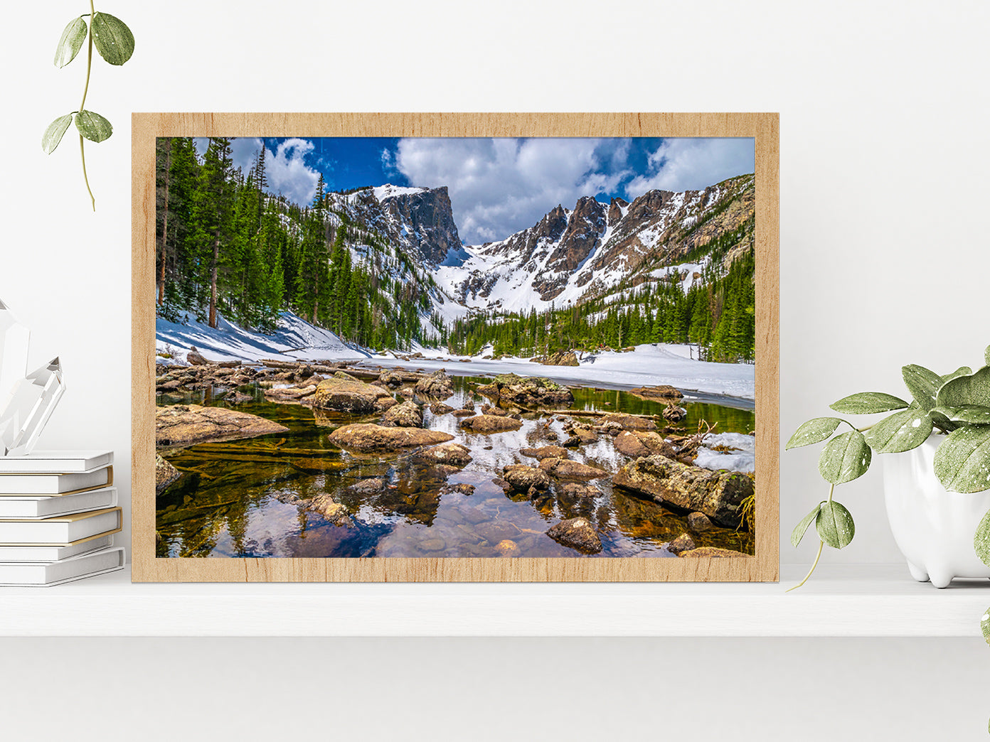 Hike To Dream Lake In Mountain Glass Framed Wall Art, Ready to Hang Quality Print Without White Border Oak