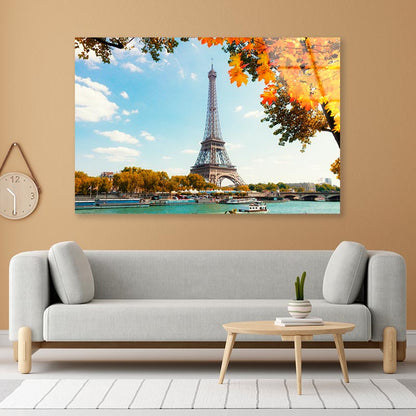 Boat Is in The Water Near the Eiffel Tower Acrylic Glass Print Tempered Glass Wall Art 100% Made in Australia Ready to Hang