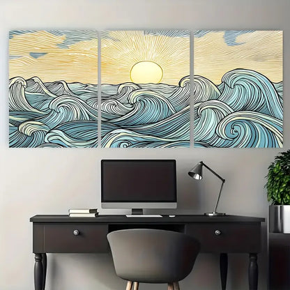 3pcs Japanese Ocean Wave Sunrise Blue Metal Print Ready to Hang Art