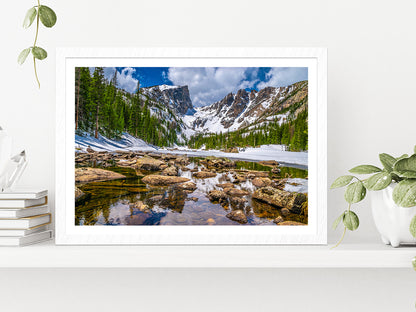 Hike To Dream Lake In Mountain Glass Framed Wall Art, Ready to Hang Quality Print With White Border White