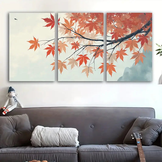 3pcs Red Leaf Nature Modern Poster Wall Art Set Canvas Framed 60x90cm - High Quality Print 100% Australian Made Wall Canvas Ready to Hang