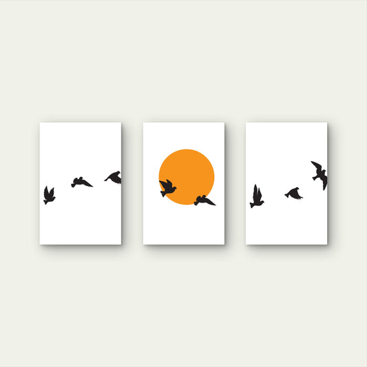3pcs Minimalist Orange Sun Black Birds Flying Wall Art Set Canvas Framed 50x70cm - High Quality Print 100% Australian Made Wall Canvas Ready to Hang