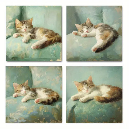 4pcs  Cozy Sleepy Tabby Cat C  Wall Art Canvas Framed