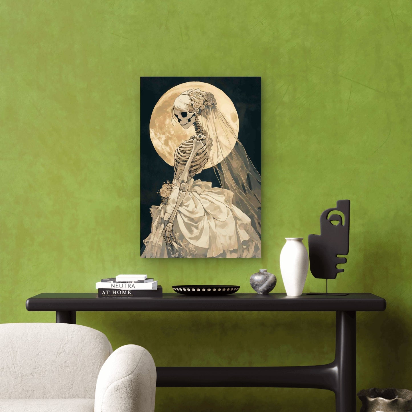 Gothic Skeleton Bride & Full Moon Metal Print Ready to Hang
