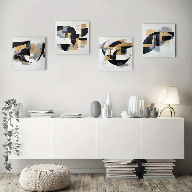 4pcs  White Graffiti Gol Art Deco  Retro Style  Wall Art Canvas Framed