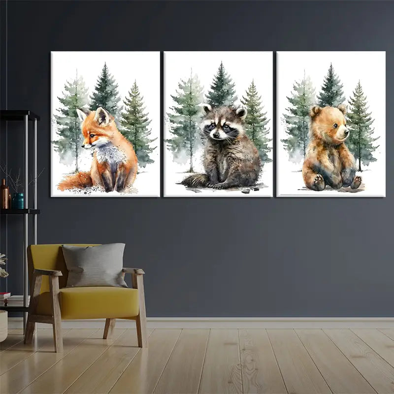 3pcs Forest Watercolor  Fox, Raccoon,Bear Painting Metal Print Ready to Hang Art