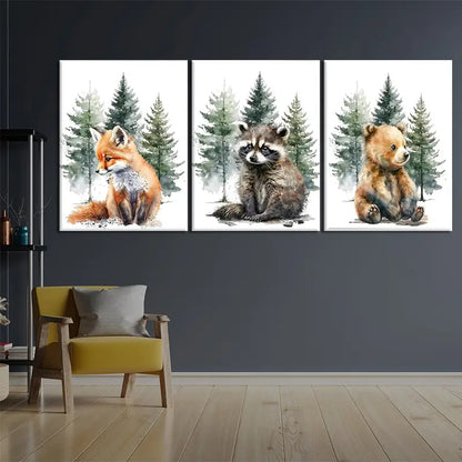 3pcs Forest Watercolor  Fox, Raccoon,Bear Painting Metal Print Ready to Hang Art