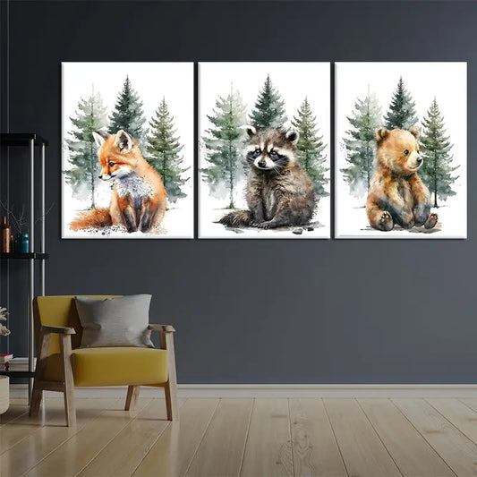 3pcs Forest Watercolor  Fox, Raccoon,Bear Painting Metal Print Ready to Hang Art