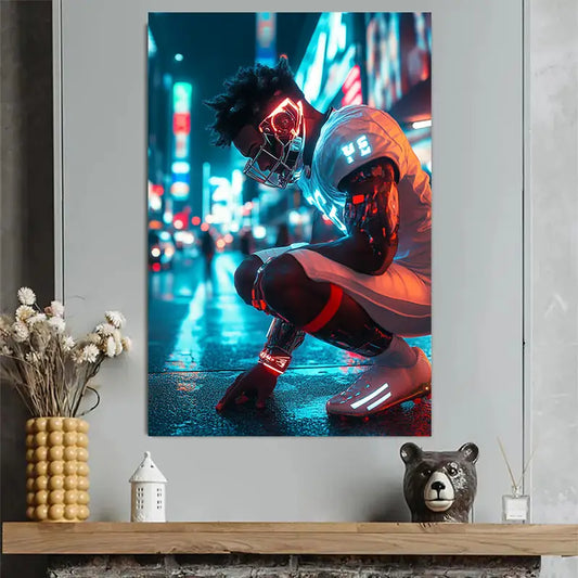 Cyberpunk Football Player Neon Art Poster 40x60cm Metal Print Ready to Hang