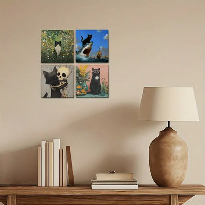 4pcs Cute Cat Decoration Orange Cat Ornament Wall Art Canvas Framed