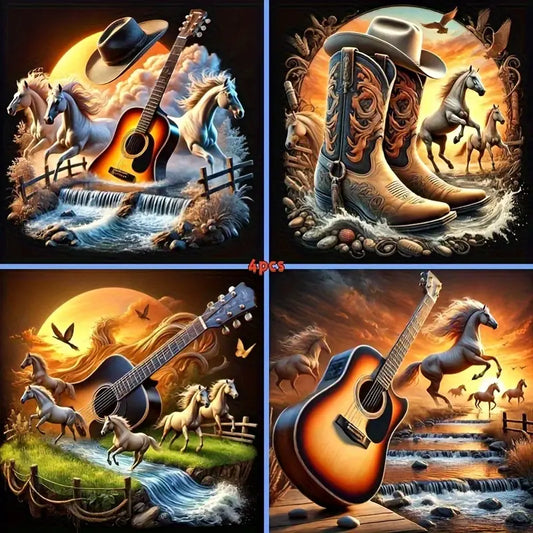 4pcsFull Round Crystal Diamond Sewing Mosaic  Wall Art Canvas Framed