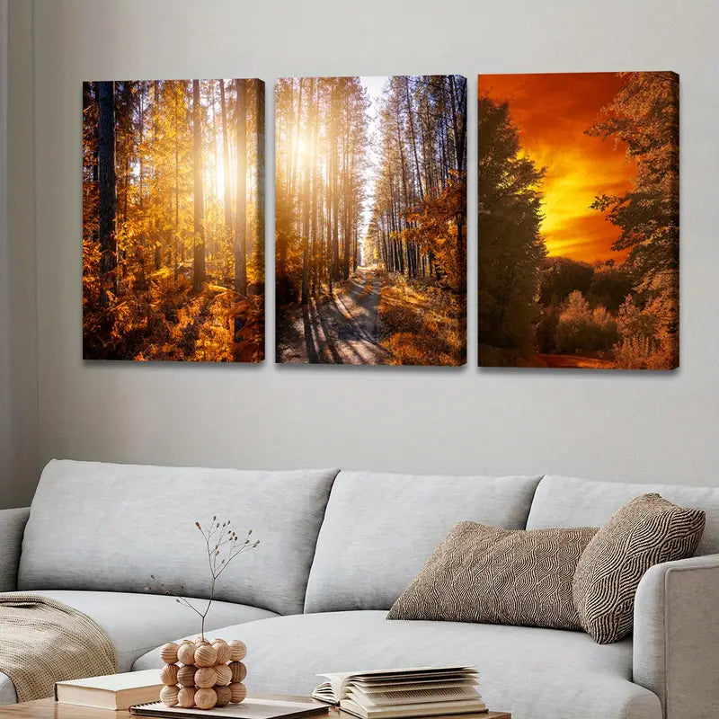 3pcs Autumn Sunset Forest Landscape Wall Art Set Canvas Framed 60x90cm - High Quality Print 100% Australian Made Wall Canvas Ready to Hang