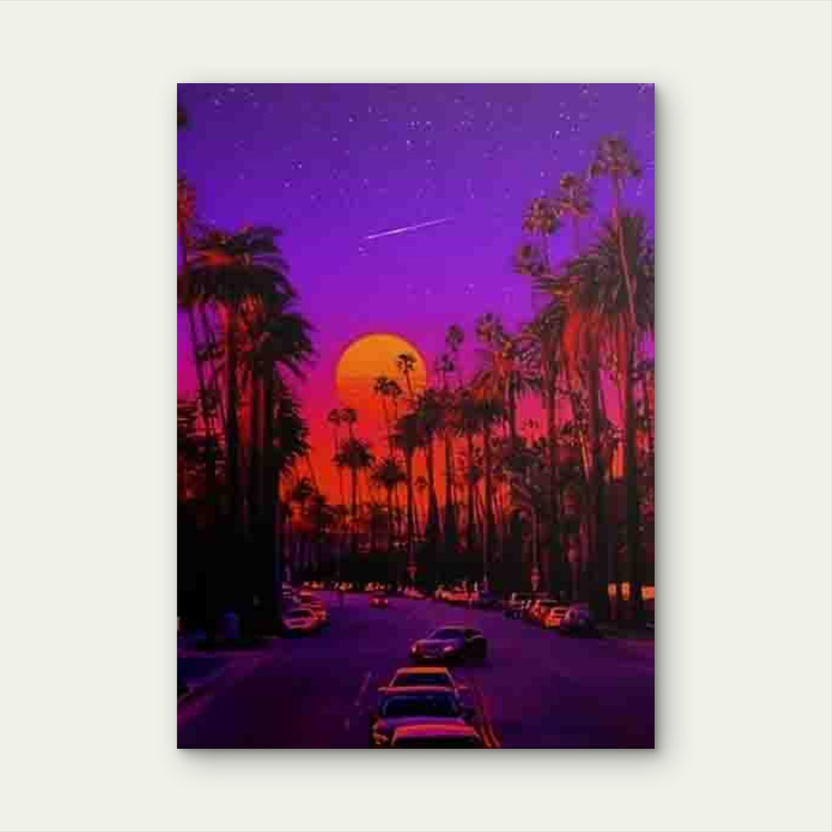 Purple Starry Sky with Palm Trees Sunset Metal Print Ready to Hang