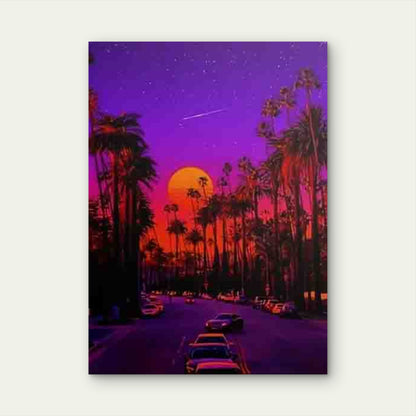 Purple Starry Sky with Palm Trees Sunset Metal Print Ready to Hang