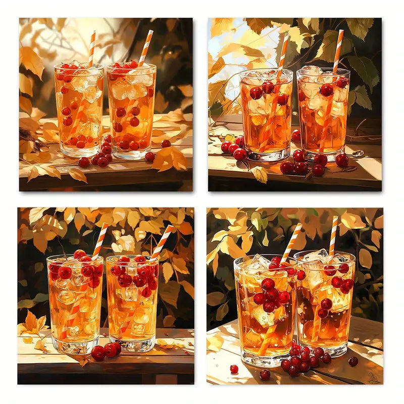 4pcs Chilled Hawthorn Drink With Straw & Ice Wall Art Canvas Framed