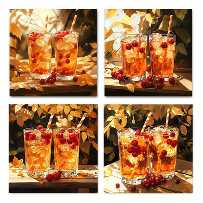 4pcs Chilled Hawthorn Drink With Straw & Ice Wall Art Canvas Framed