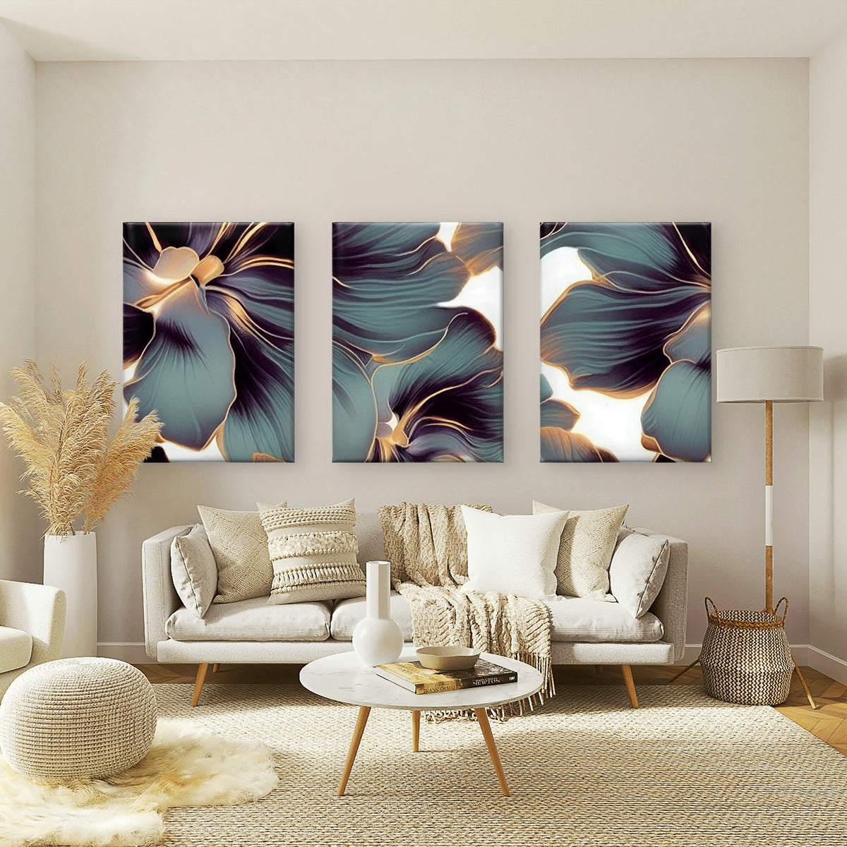 3pcs Abstract Luxury Teal Purple Gold Floral Wall Art Set Canvas Framed 40x60cm - High Quality Print 100% Australian Made Wall Canvas Ready to Hang