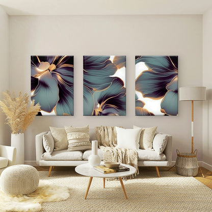 3pcs Abstract Luxury Teal Purple Gold Floral Wall Art Set Canvas Framed 50x70cm - High Quality Print 100% Australian Made Wall Canvas Ready to Hang