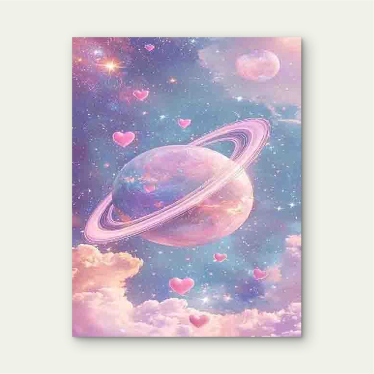 Cosmic Planets And Pink Romantic Clouds 60x90cm Metal Print Ready to Hang