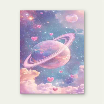 Cosmic Planets And Pink Romantic Clouds 60x90cm Metal Print Ready to Hang