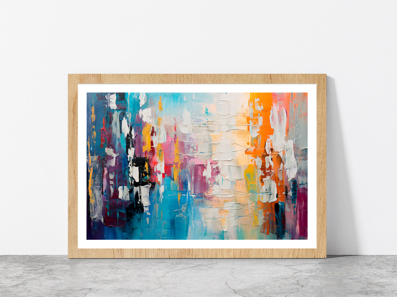 Abstract Colorful Chaotic Blend Of Acrylic Glass Framed Wall Art, Ready to Hang Quality Print With White Border Oak