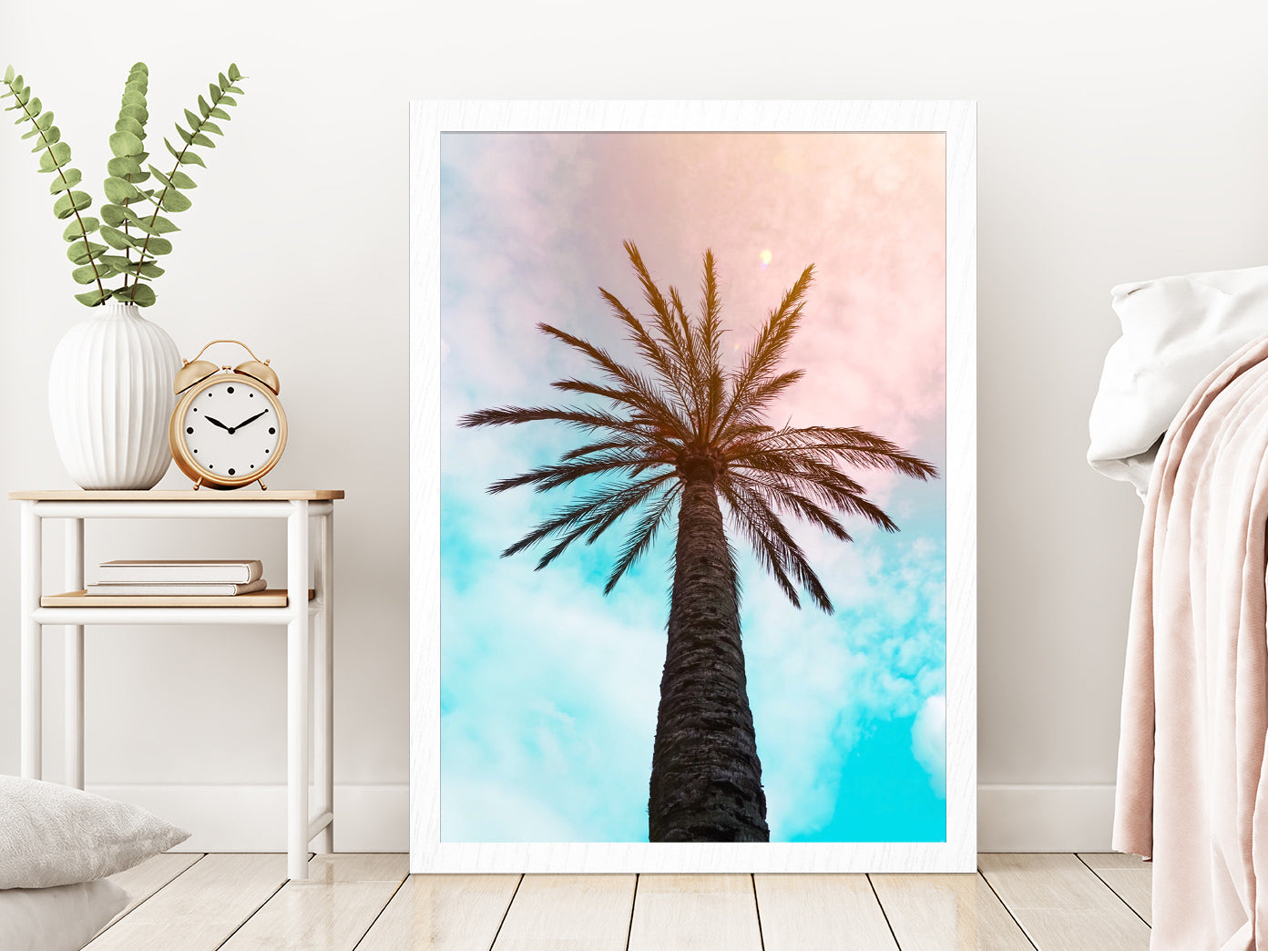 Palm Trees & Blue Pink Sky Scenery Photograph Glass Framed Wall Art, Ready to Hang Quality Print Without White Border White