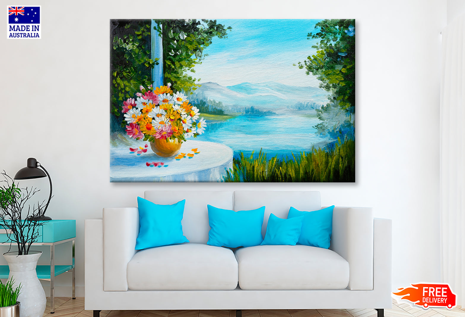 House Near The Sea, Colorful Flowers Oil Painting Wall Art Limited Edition High Quality Print