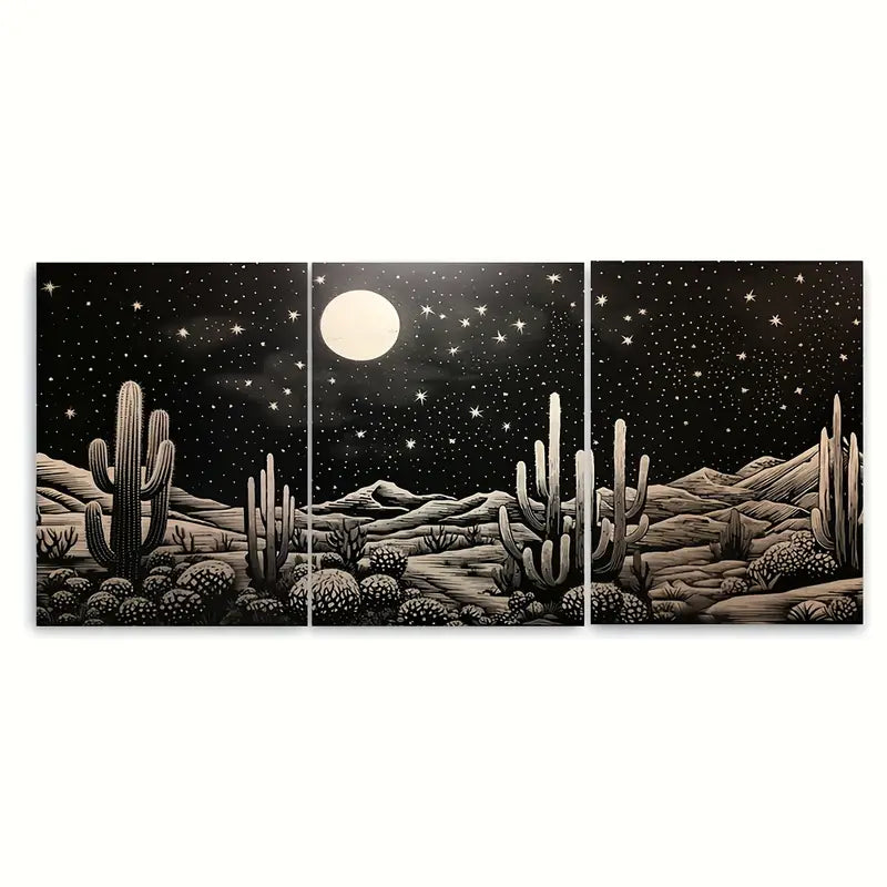 3pcs Desert Starry Night Cactus Moon Metal Print Ready to Hang Art