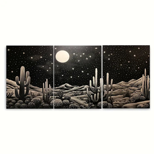 3pcs Desert Starry Night Cactus Moon Metal Print Ready to Hang Art