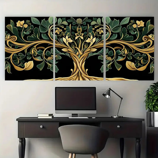 3pcs Golden Green Symbolic Tree Gothic Metal Print Ready to Hang Art