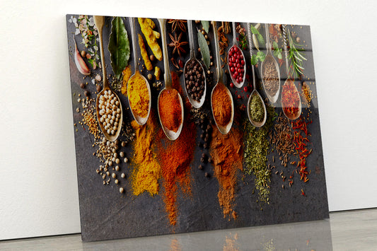 Different Types Spices on Spoons Acrylic Glass Print Tempered Glass Wall Art 100% Made in Australia Ready to Hang