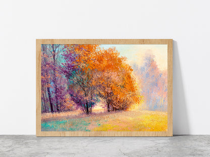 Autumn Forest With Orange Leaves Trees Glass Framed Wall Art, Ready to Hang Quality Print Without White Border Oak