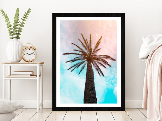 Palm Trees & Blue Pink Sky Scenery Photograph Glass Framed Wall Art, Ready to Hang Quality Print With White Border Black