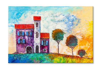 House in the Village & Trees Watercolor Painting Wall Art Limited Edition High Quality Print Stretched Canvas None