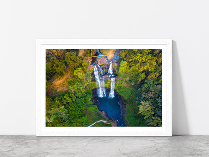 Gneuang Waterfall In Deep Forest Glass Framed Wall Art, Ready to Hang Quality Print With White Border White