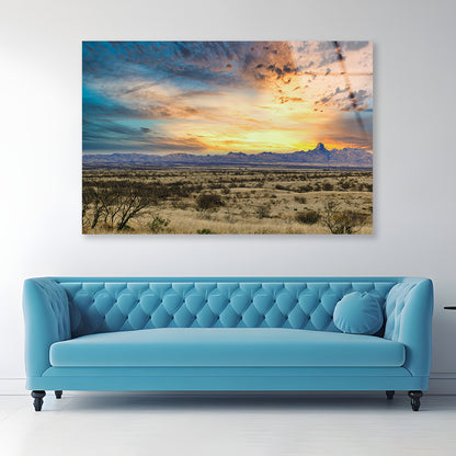 Desert Grassland with a Sunset & Mountains Acrylic Glass Print Tempered Glass Wall Art 100% Made in Australia Ready to Hang