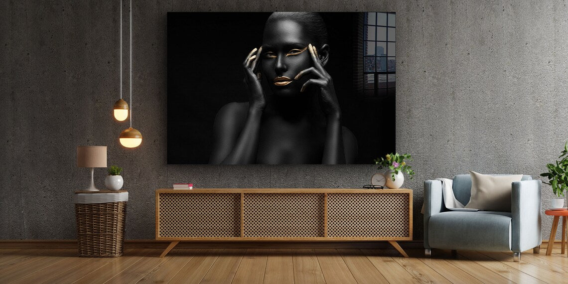 Black Woman Gold Makeup UV Direct Aluminum Print Australian Made Quality