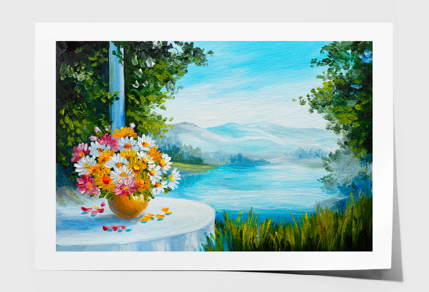 House Near The Sea, Colorful Flowers Oil Painting Wall Art Limited Edition High Quality Print Unframed Roll Canvas None