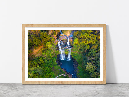 Gneuang Waterfall In Deep Forest Glass Framed Wall Art, Ready to Hang Quality Print With White Border Oak