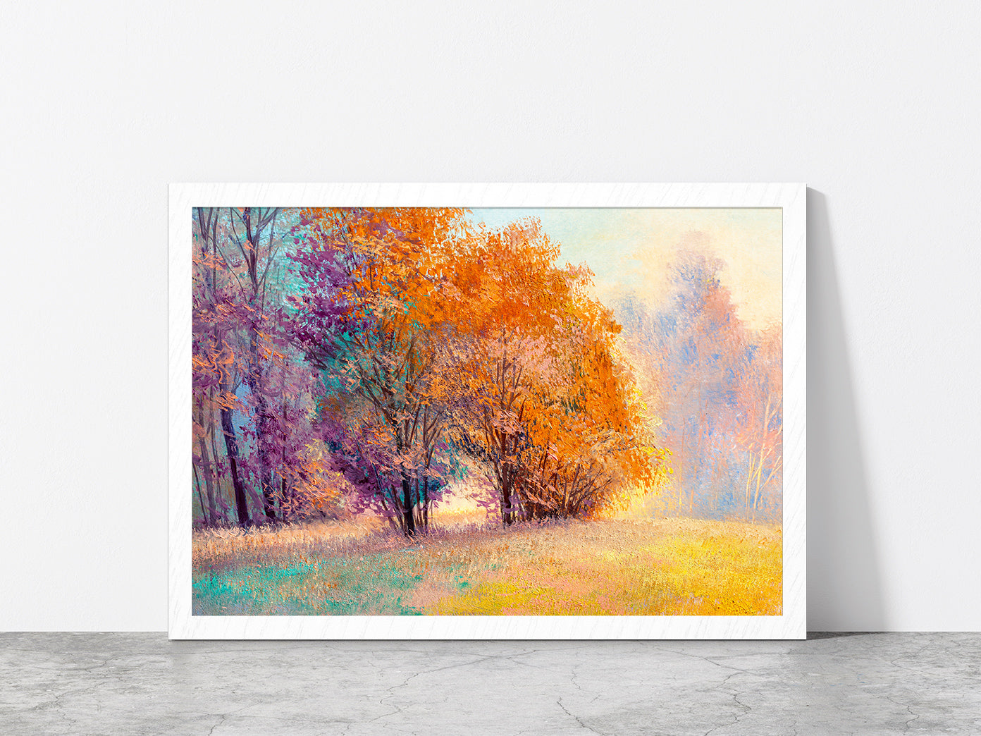 Autumn Forest With Orange Leaves Trees Glass Framed Wall Art, Ready to Hang Quality Print Without White Border White