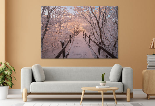 Winter scenery and snow clinging to the branches of the mountain peak  Wall Art Decor 100% Australian Made