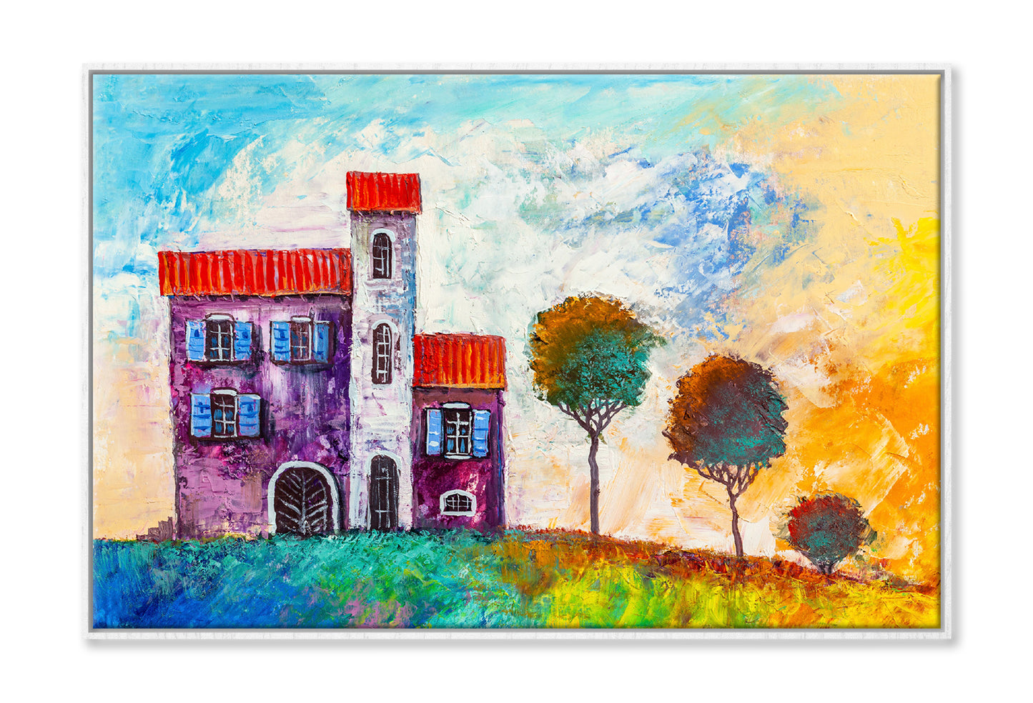 House in the Village & Trees Watercolor Painting Wall Art Limited Edition High Quality Print Canvas Box Framed White