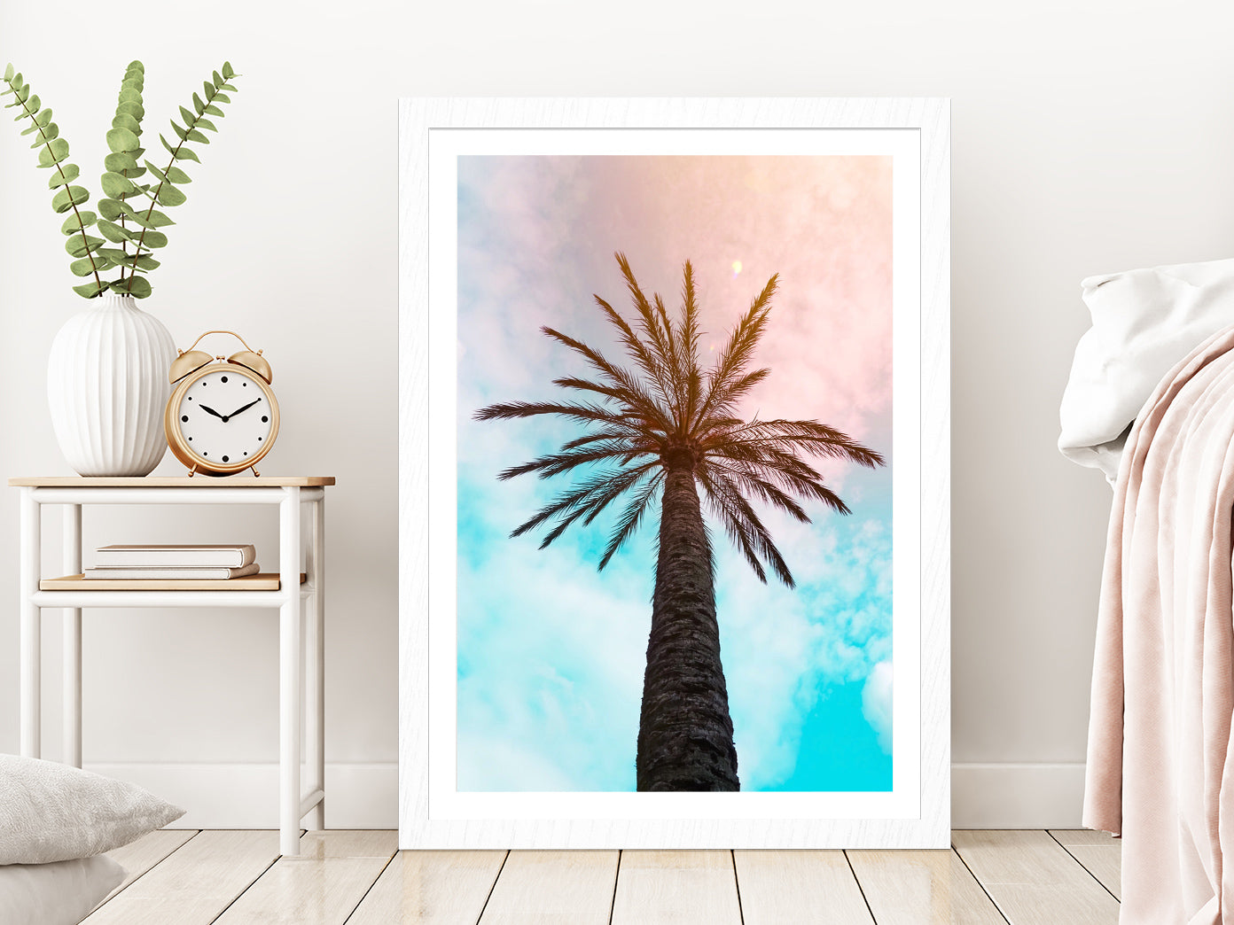 Palm Trees & Blue Pink Sky Scenery Photograph Glass Framed Wall Art, Ready to Hang Quality Print With White Border White
