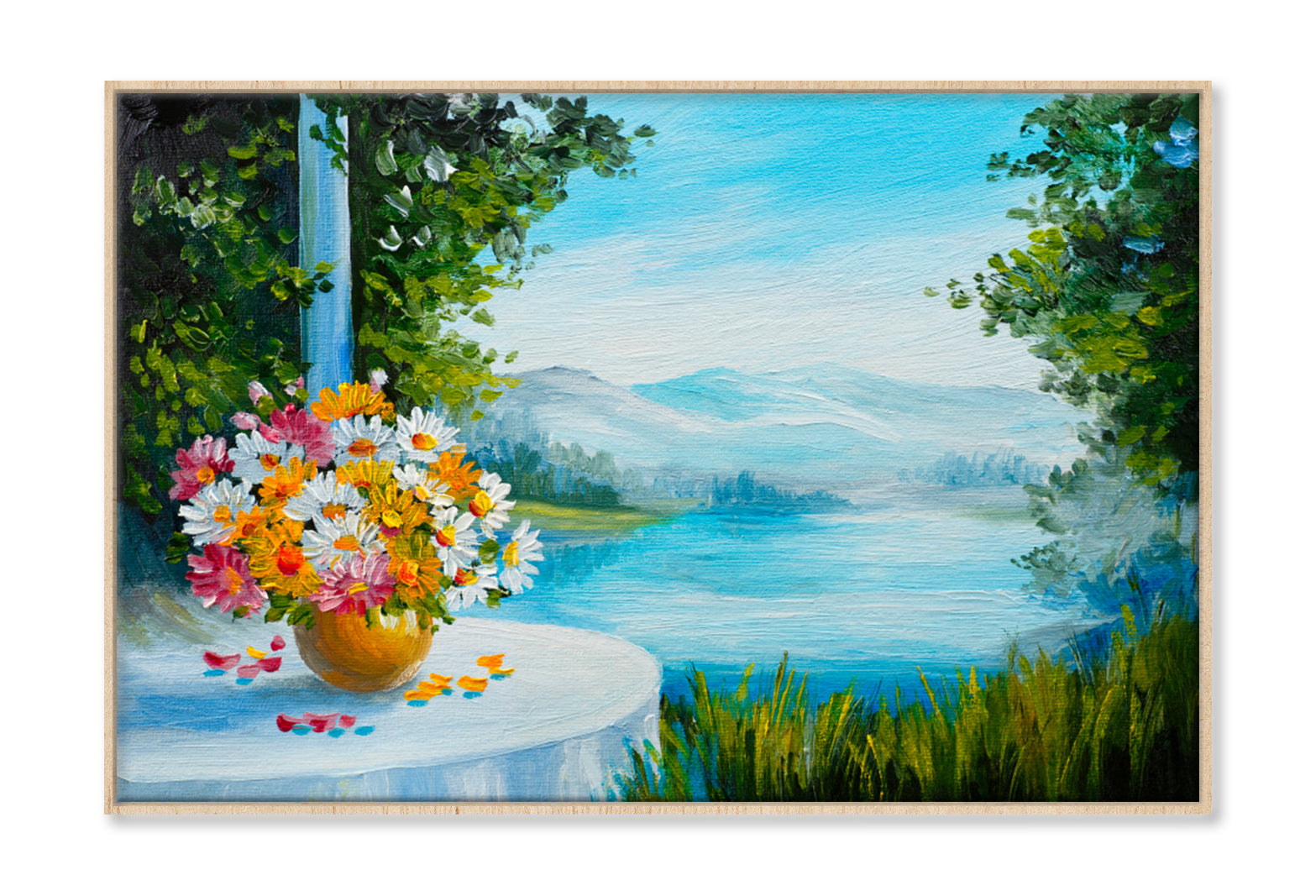 House Near The Sea, Colorful Flowers Oil Painting Wall Art Limited Edition High Quality Print Canvas Box Framed Natural