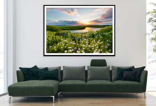 Summer Spring Natural With Lake & Wildflowers at Sunset Home Decor Premium Quality Poster Print Choose Your Sizes