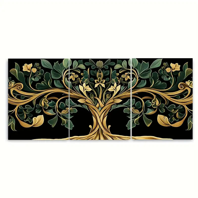 3pcs Golden Green Symbolic Tree Gothic Metal Print Ready to Hang Art
